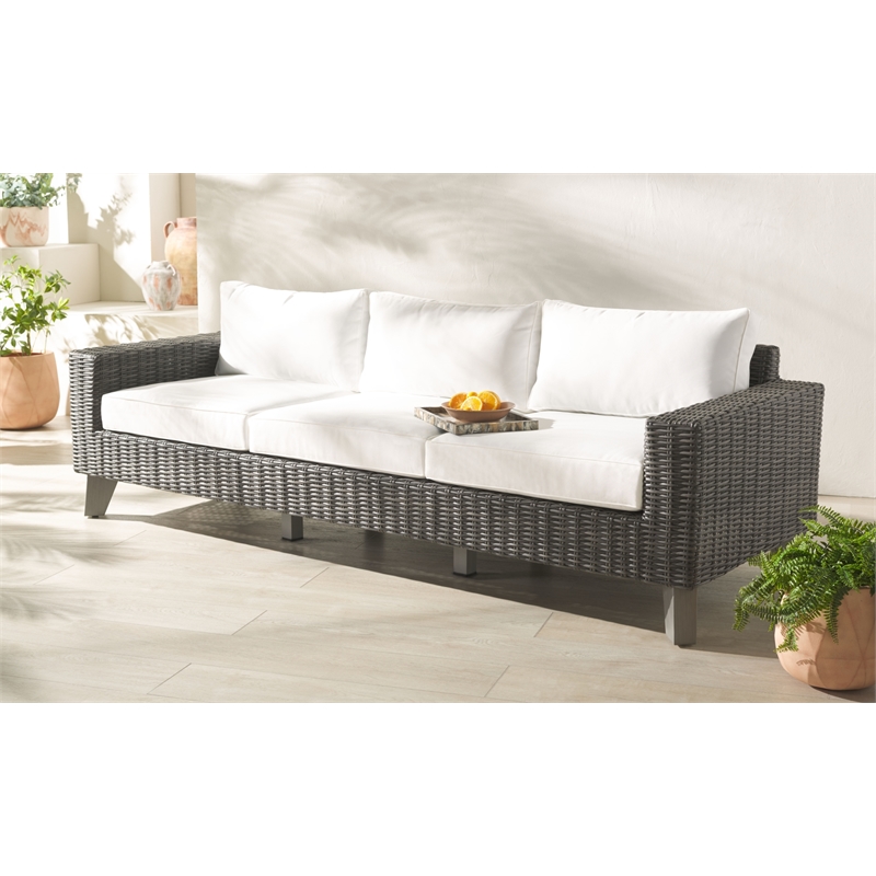 Safavieh Margarita Wicker Aluminum Patio Sofa in Dark Gray / White