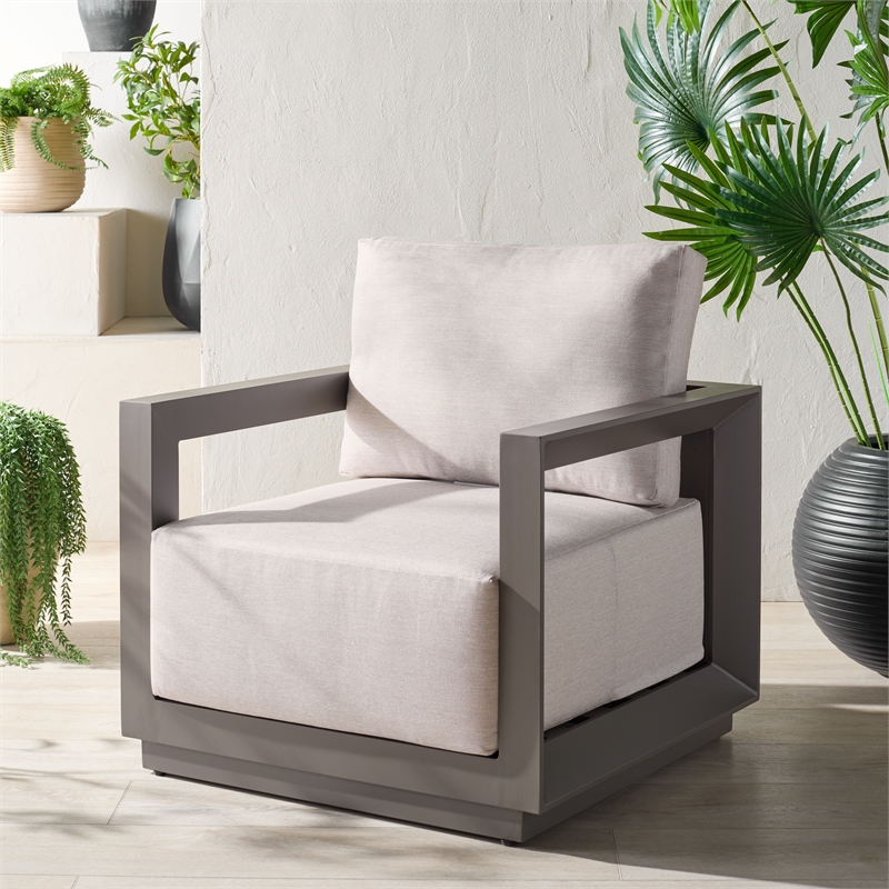Safavieh Donaldo Aluminum Outdoor Chair in Dark Gray / Beige