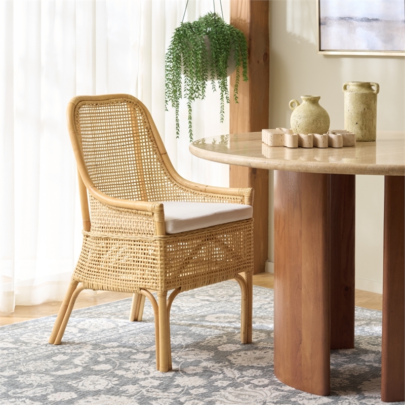 Safavieh Alina Rattan and Fabric Dining Chair w/ Cushion in Natural / White
