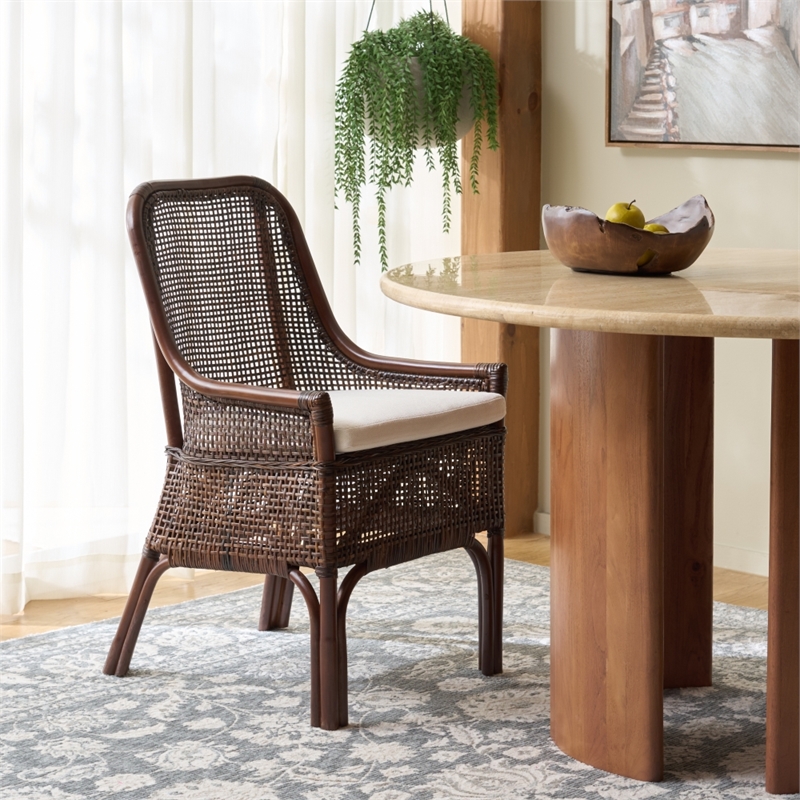 Safavieh Alina Rattan and Fabric Dining Chair w/ Cushion in Brown / White