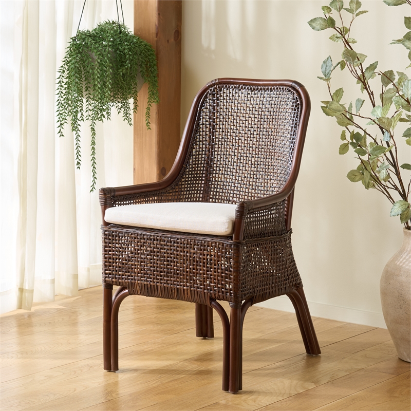 Safavieh Alina Rattan and Fabric Dining Chair w/ Cushion in Brown / White