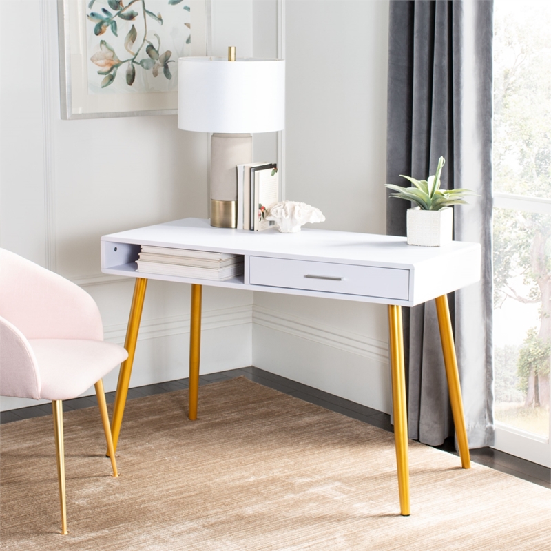 Safavieh Jorja 1 Drawer 1 Shelf Wood and Metal Desk in White / Gold