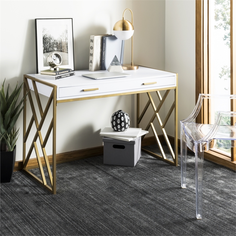 Safavieh Elaine 1 Drawer Wood Desk in White / Gold
