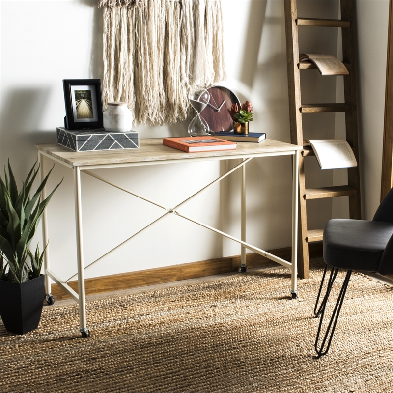 Safavieh Callie Rolling Wood and Metal Desk in Brown / Cream