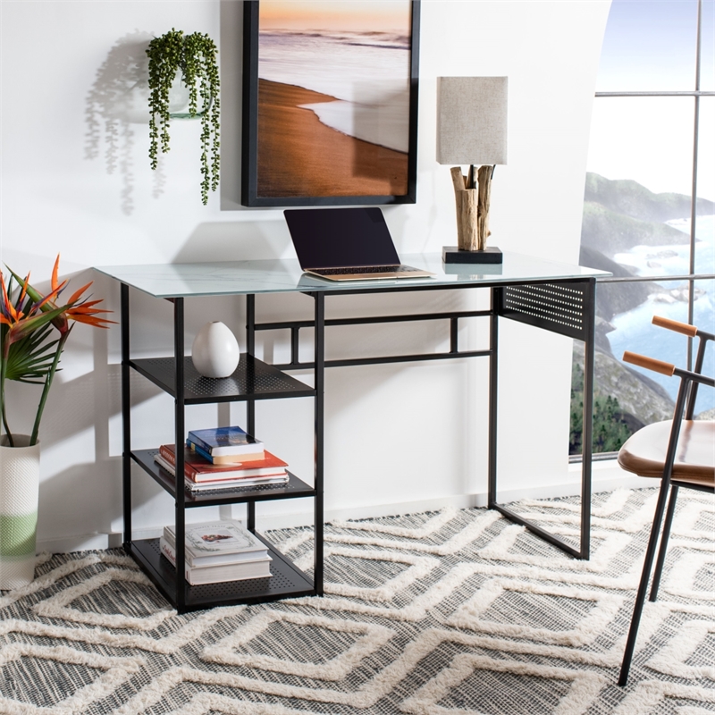 Safavieh Xyla 3 Shelf Glass Top and Metal Desk in White / Black