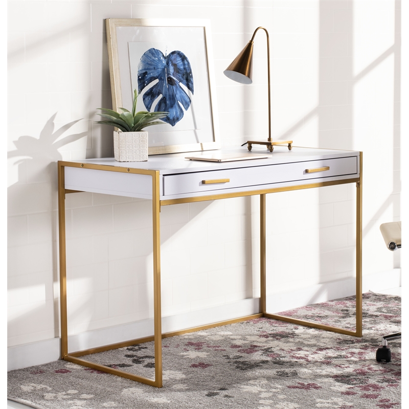 Safavieh Elodie 1 Drawer Wood and Metal Desk in White / Gold
