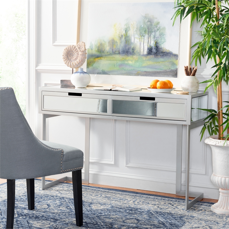 Safavieh Enzo 2 Drawer Wood Mirrored Desk in Silver / Mirror