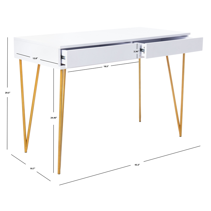 Safavieh Pine Two Drawer Wood and Iron Desk in White / Gold