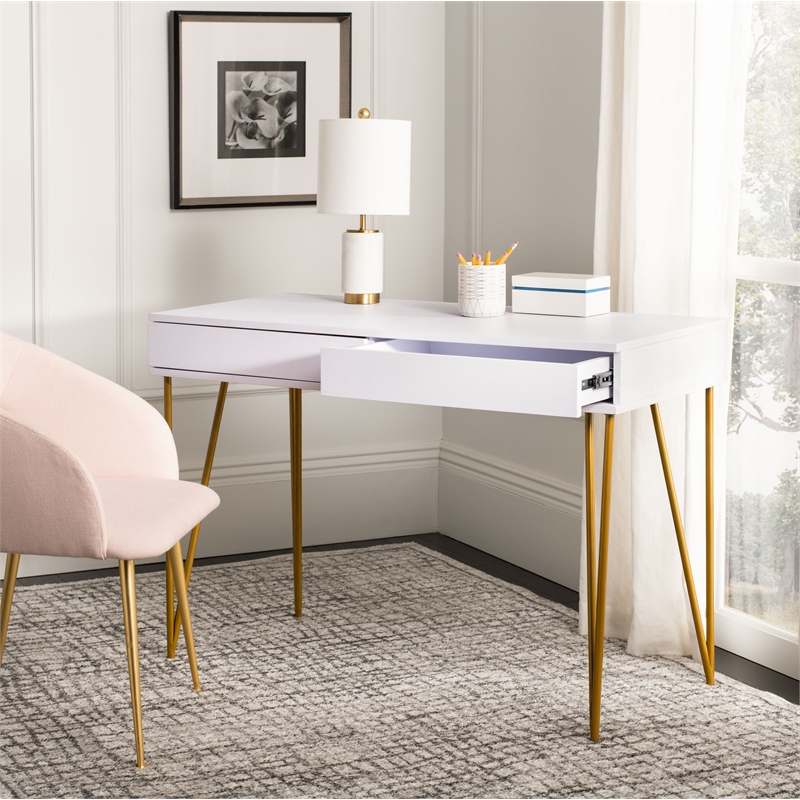 Safavieh Pine Two Drawer Wood and Iron Desk in White / Gold