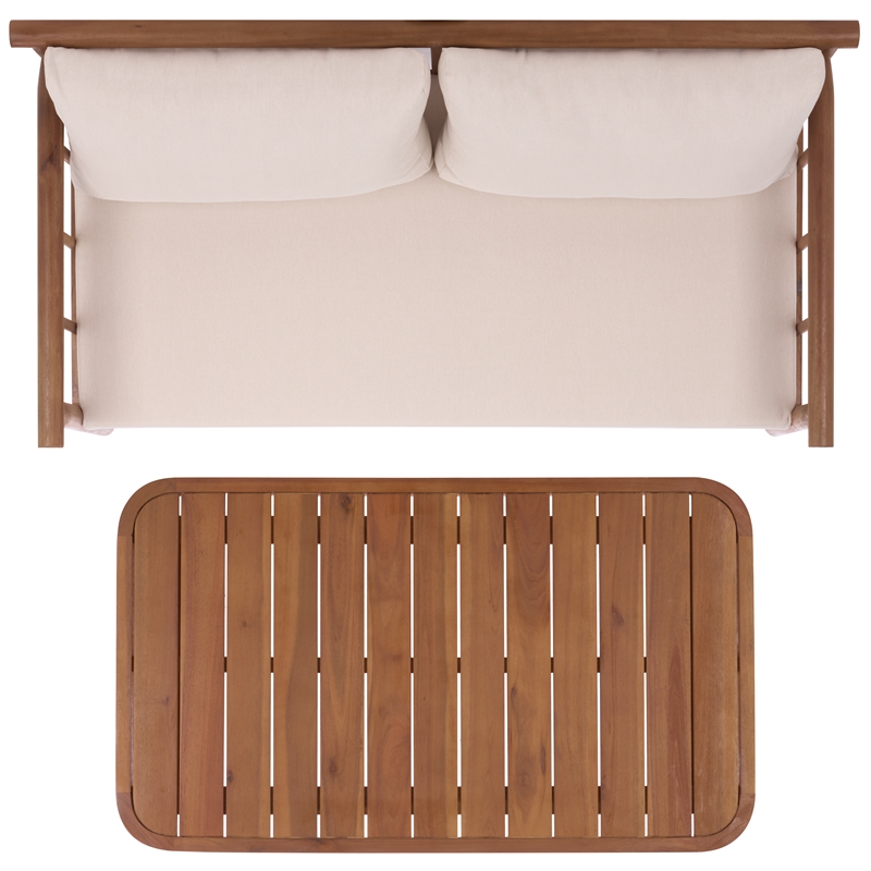 Safavieh Cardori Wood Bench + Table in Teak / Brown / Cream