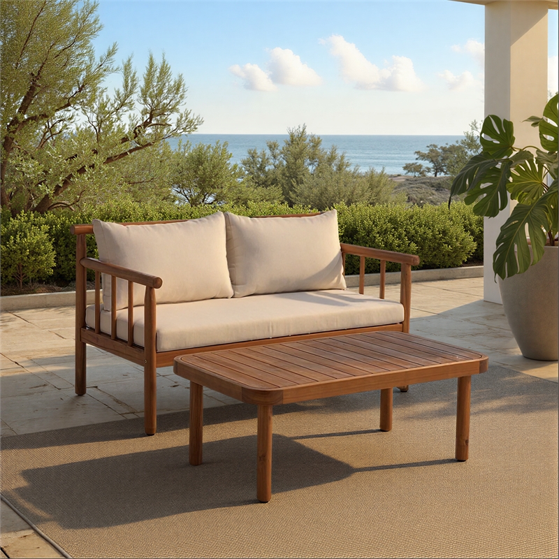 Safavieh Cardori Wood Bench + Table in Teak / Brown / Cream