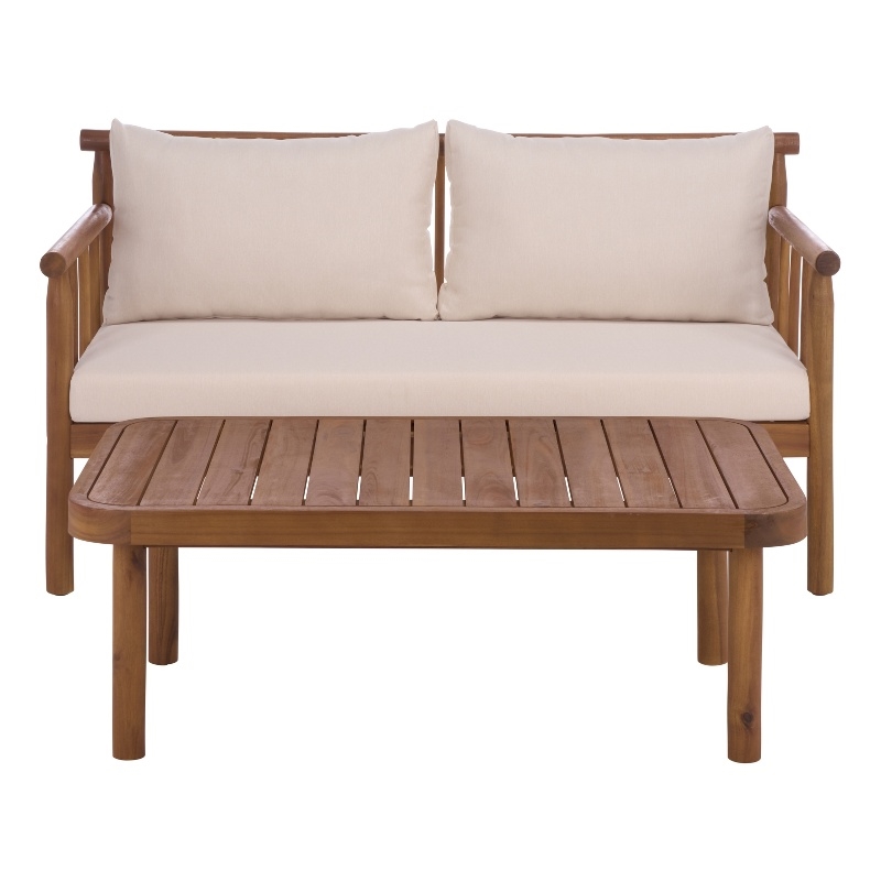 Safavieh Cardori Wood Bench + Table in Teak / Brown / Cream