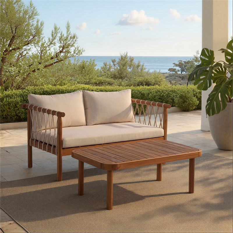 Safavieh Sabrina Wood  Bench + Table in Teak / Brown / Cream