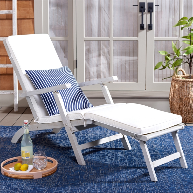 Safavieh Palmdale Wood and Fabric Lounge Chair in Gray / Beige / Navy