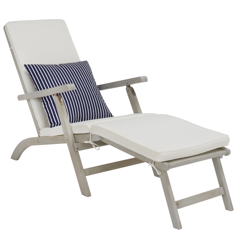 Safavieh Palmdale Wood and Fabric Lounge Chair in Gray / Beige / Navy