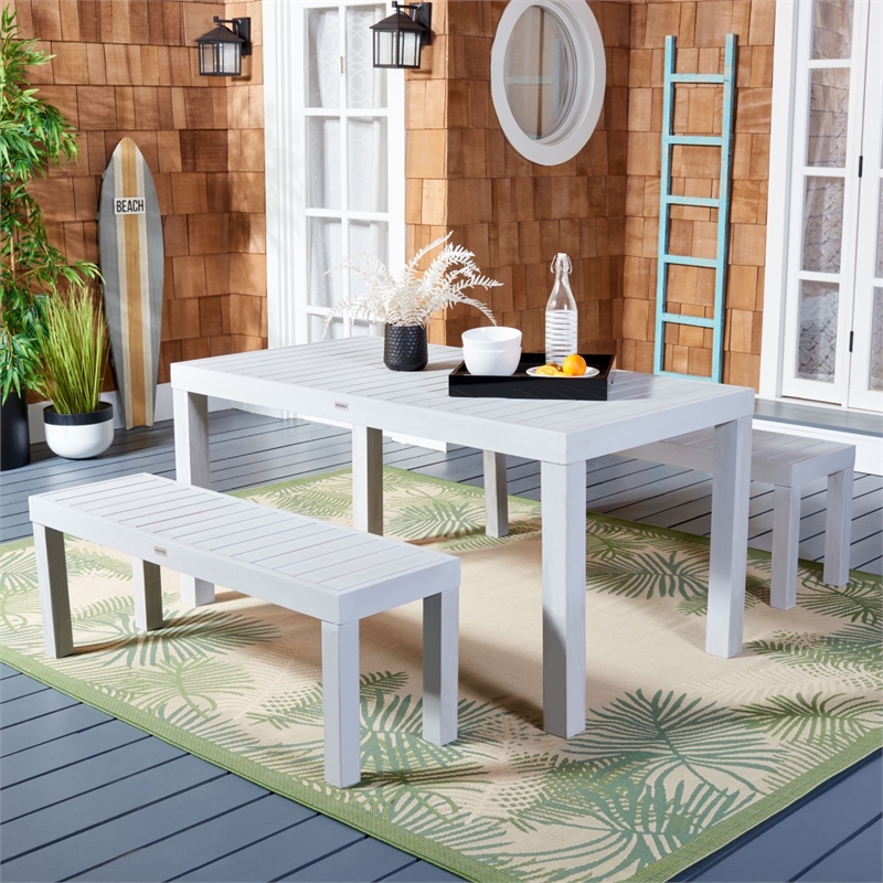Safavieh Dario 3 Piece Wood Dining Set w/Two Bench in Gray