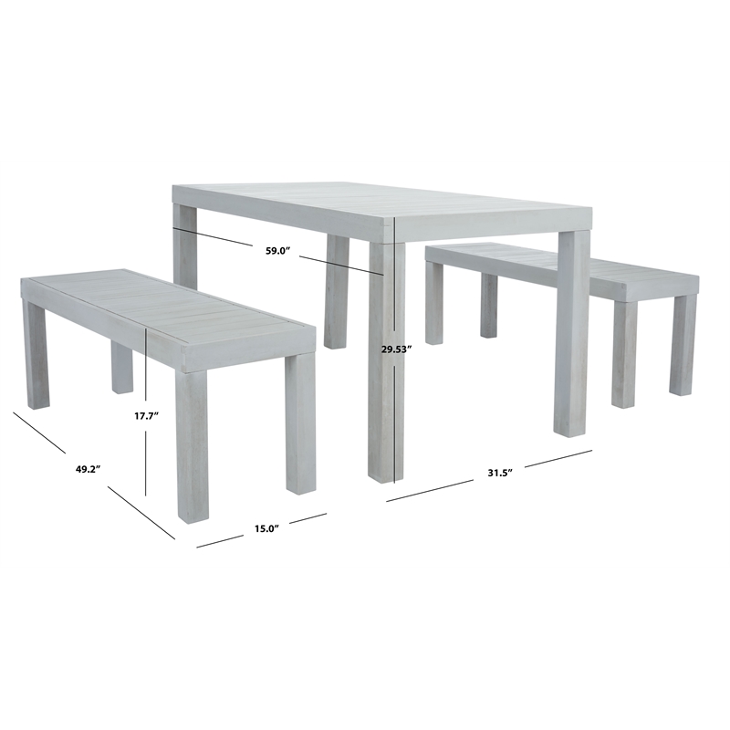 Safavieh Dario 3 Piece Wood Dining Set w/Two Bench in Gray