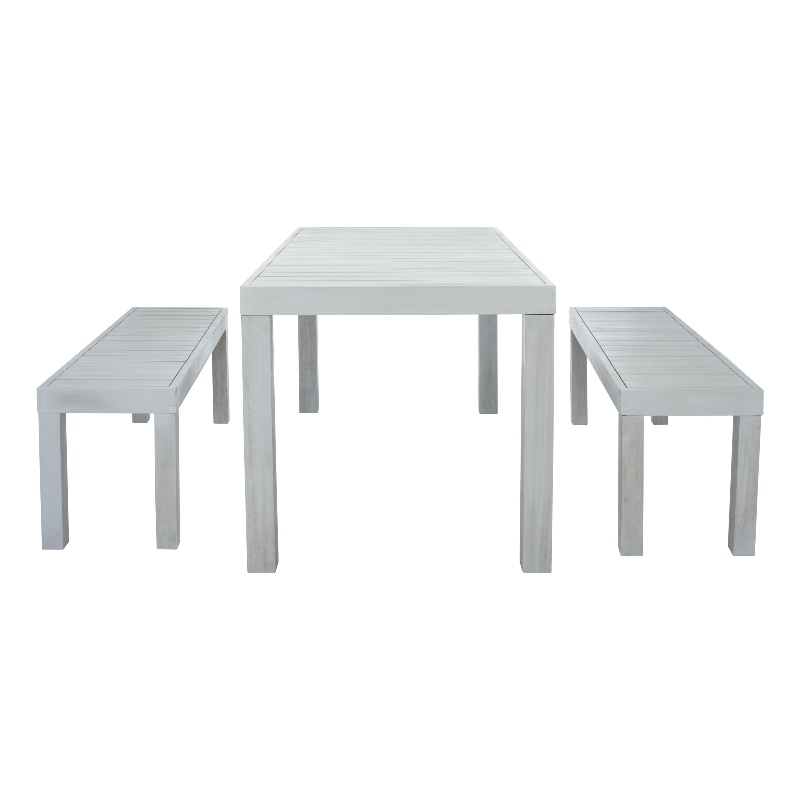 Safavieh Dario 3 Piece Wood Dining Set w/Two Bench in Gray