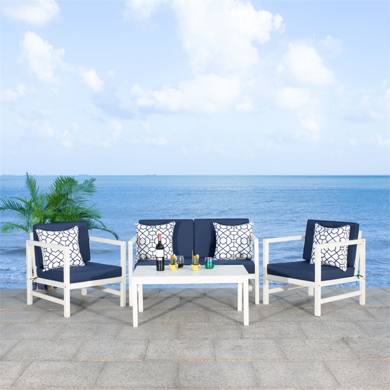 Safavieh Montez 4 Piece Wood and Fabric Set in White / Navy