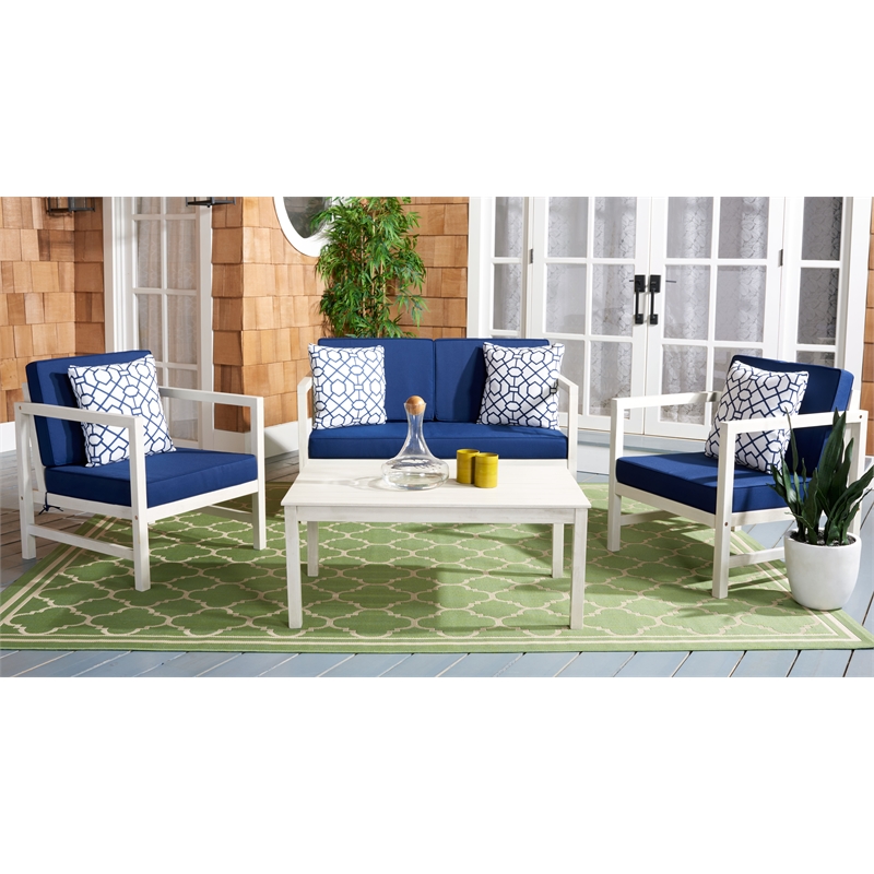 Safavieh Montez 4 Piece Wood and Fabric Set in White / Navy