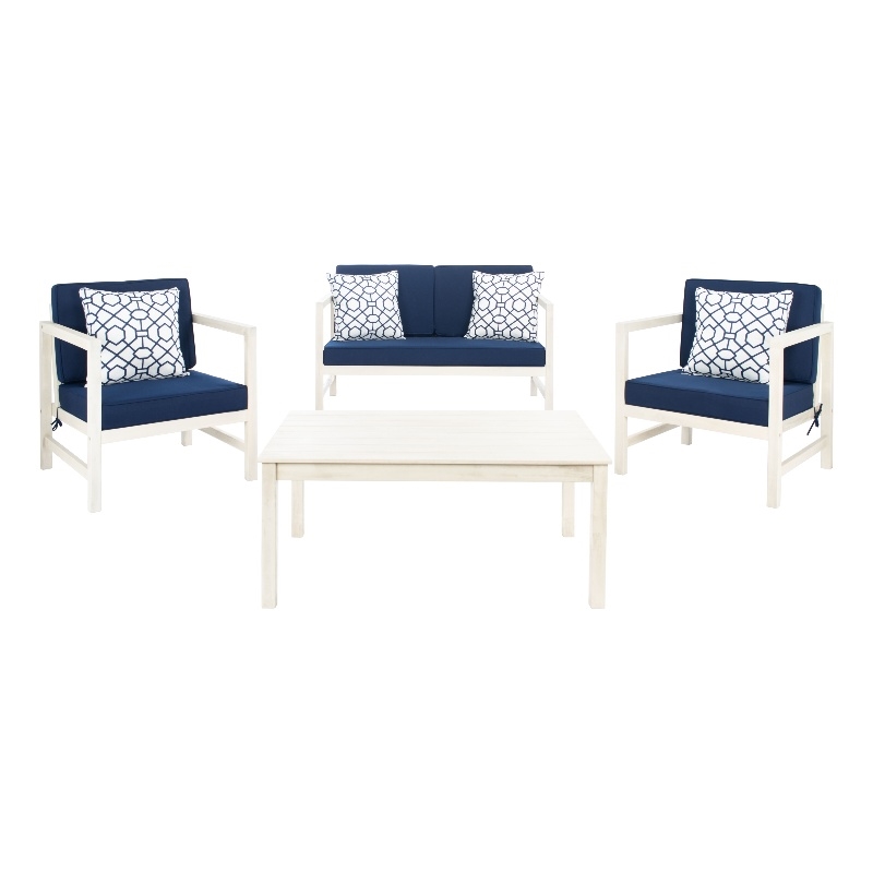 Safavieh Montez 4 Piece Wood and Fabric Set in White / Navy