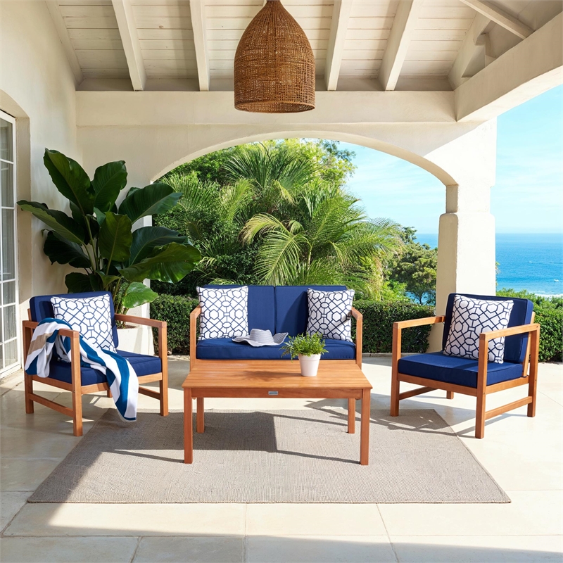 Safavieh Montez 4 Piece Wood and Fabric Set in Natural / Navy