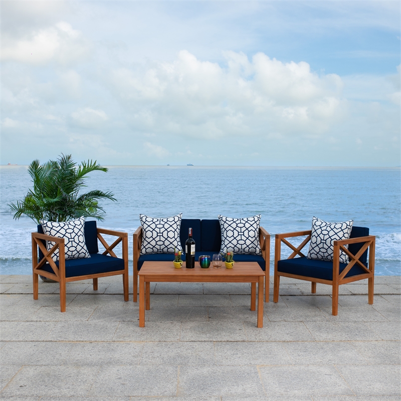 Safavieh Nunzio 4 Piece Wood and Fabric Set in Natural / Navy
