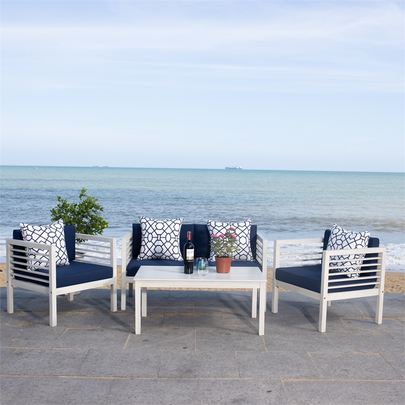 Safavieh Alda 4 Piece Wood and Fabric Set in White / Navy