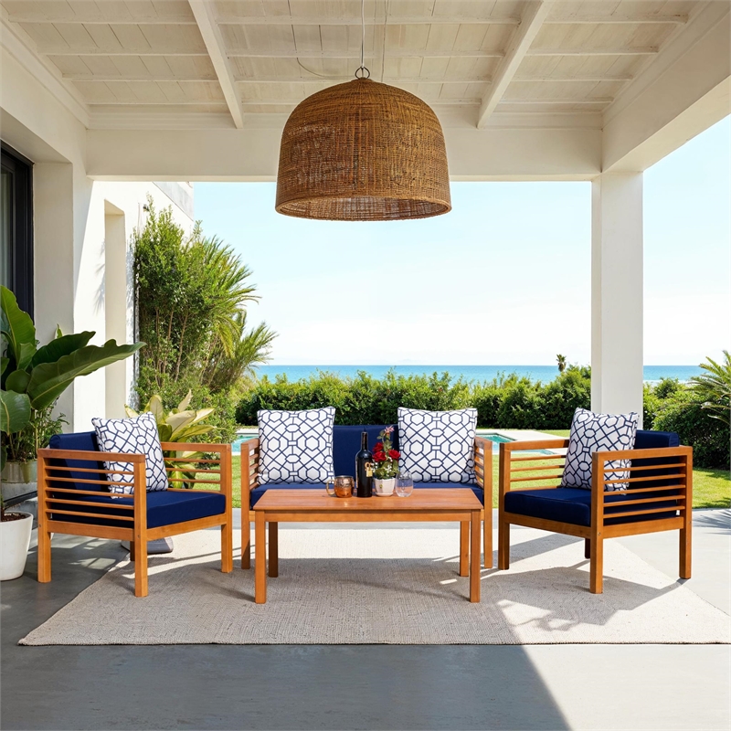 Safavieh Alda 4 Piece Wood and Fabric Set in Natural / Navy