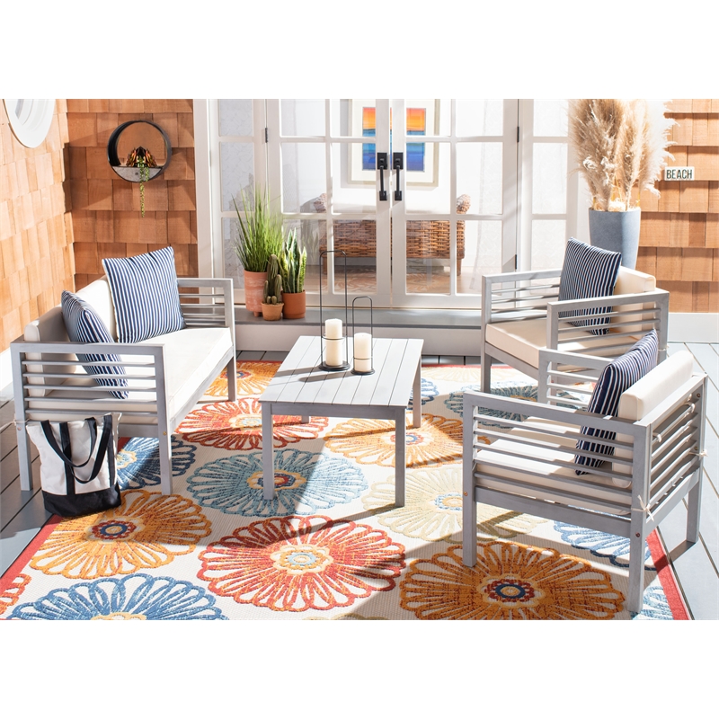 Safavieh Alda 4 Piece Wood and Fabric Set in Gray / Beige / Navy