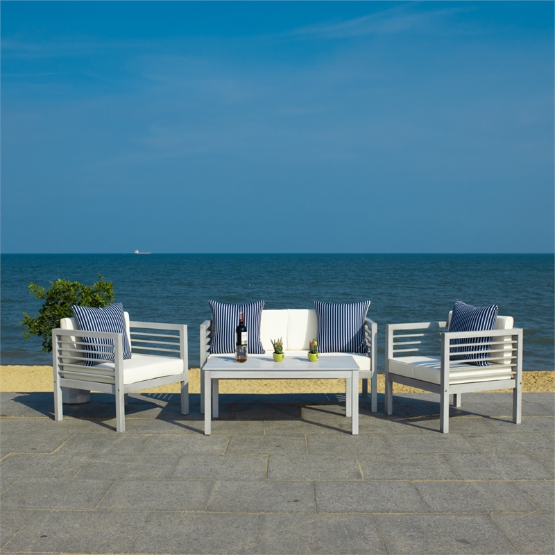 Safavieh Alda 4 Piece Wood and Fabric Set in Gray / Beige / Navy