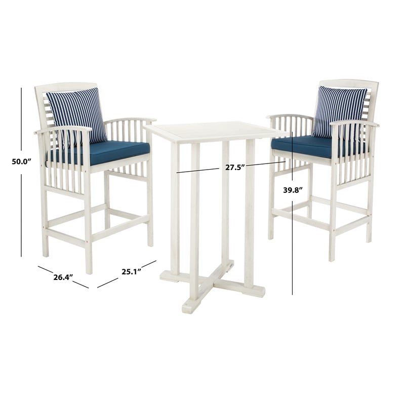 Safavieh Pate 3 Pc Bar Height Wood Bistro Set in White / Navy