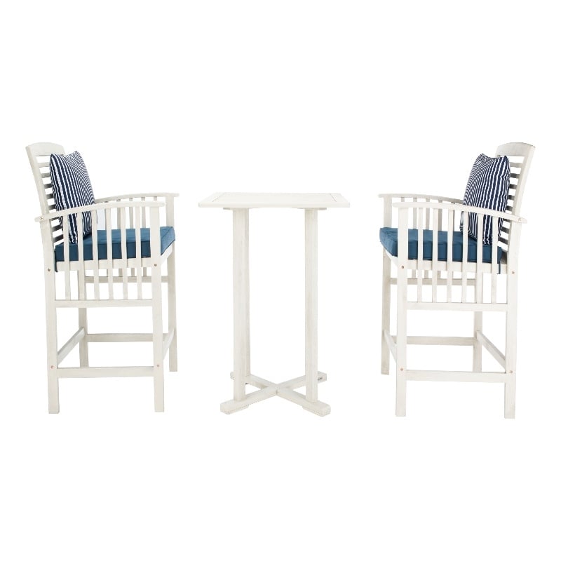 Safavieh Pate 3 Pc Bar Height Wood Bistro Set in White / Navy