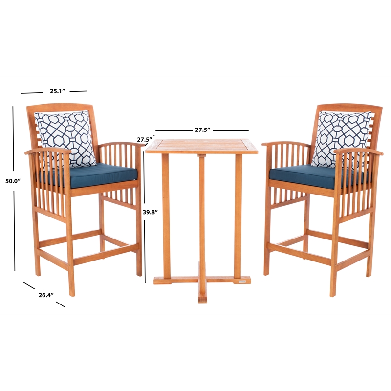 Safavieh Pate 3 Pc Bar Height Wood Bistro Set in Natural / Navy