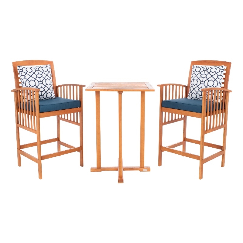 Safavieh Pate 3 Pc Bar Height Wood Bistro Set in Natural / Navy