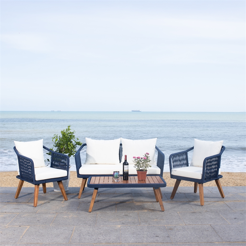 Safavieh Raldin Rope and Wood 4 Pc Living Set in Navy / Beige