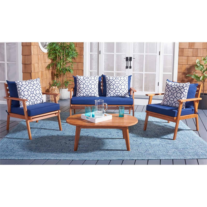 Safavieh Deacon 4 Pc Wood Living Set in Natural / Navy