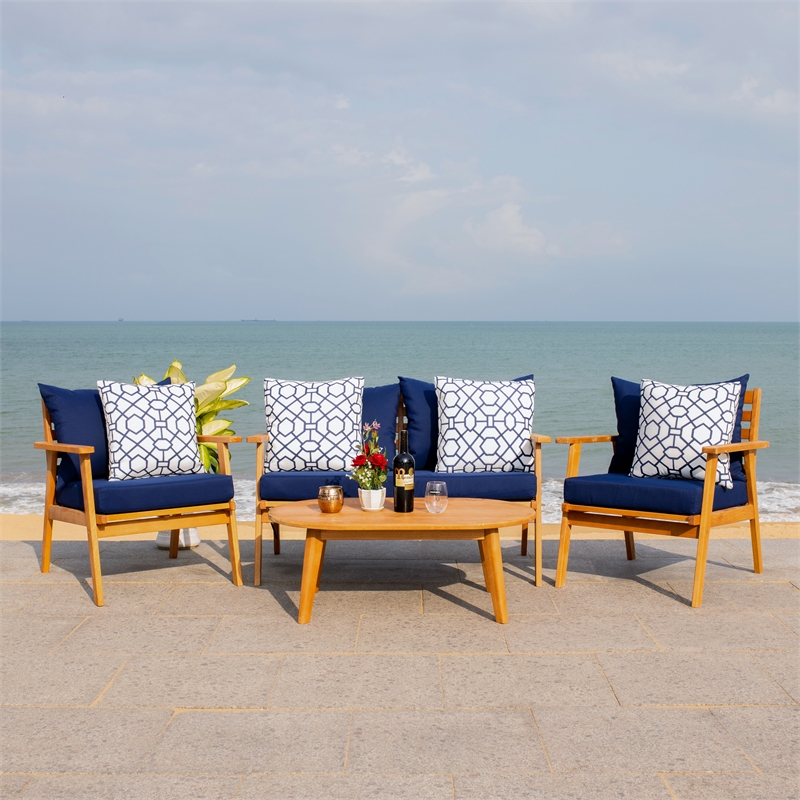 Safavieh Deacon 4 Pc Wood Living Set in Natural / Navy