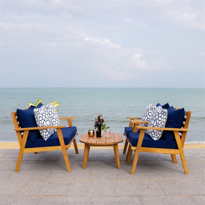 Safavieh Deacon 4 Pc Wood Living Set in Natural / Navy