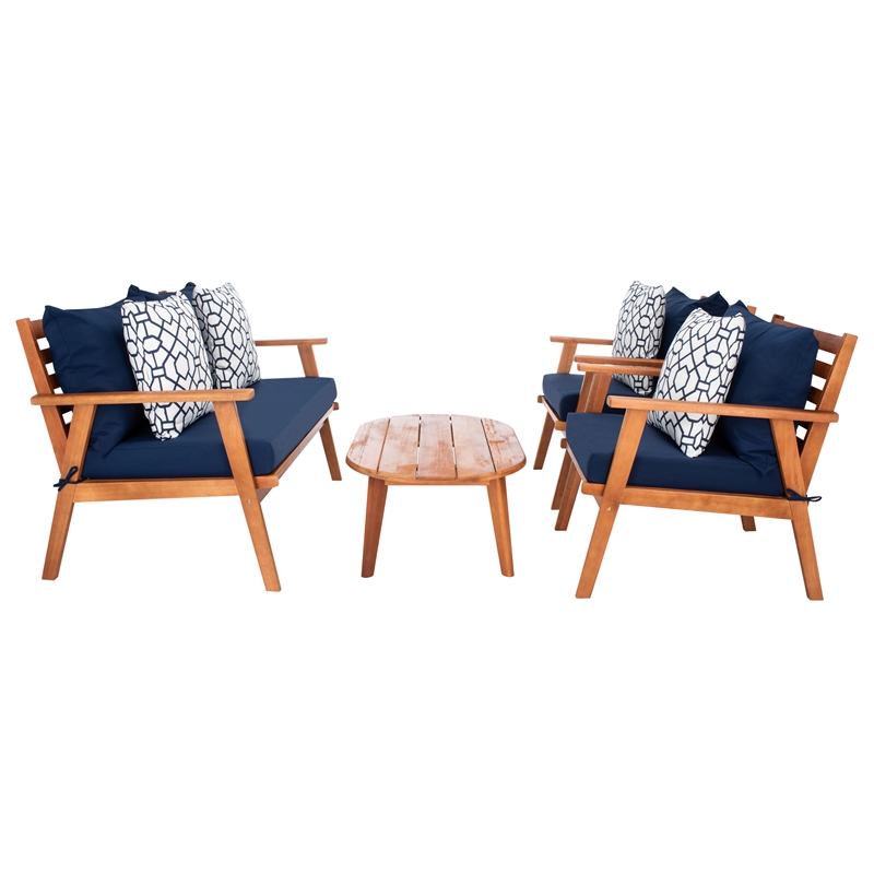 Safavieh Deacon 4 Pc Wood Living Set in Natural / Navy