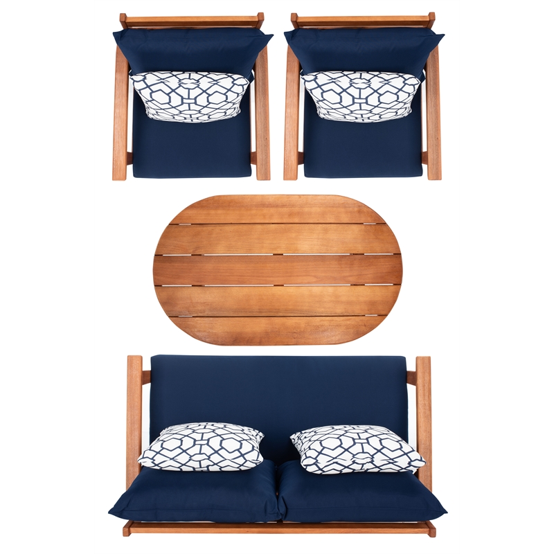 Safavieh Deacon 4 Pc Wood Living Set in Natural / Navy