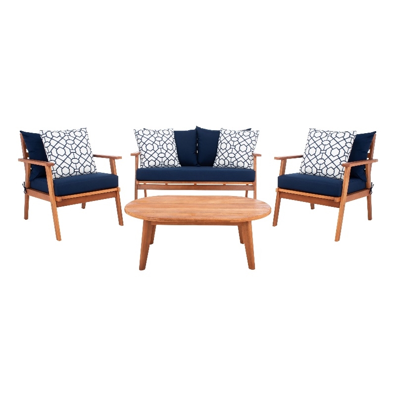 Safavieh Deacon 4 Pc Wood Living Set in Natural / Navy