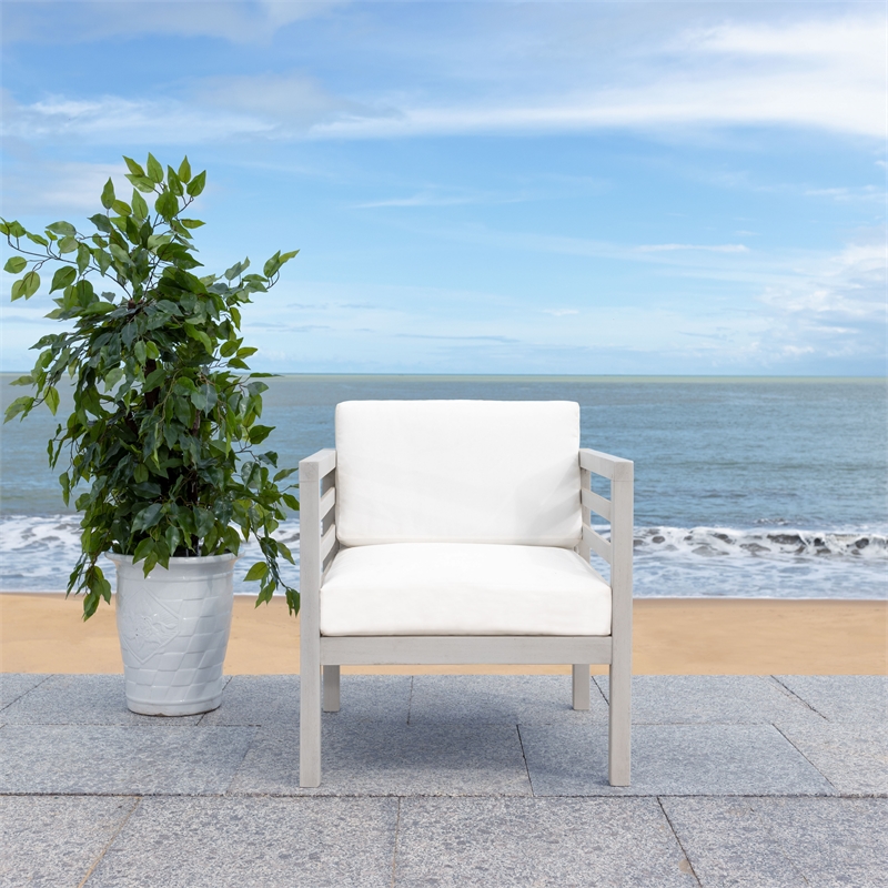 Safavieh Kinnell Wood Outdoor Armchair in Gray / Beige