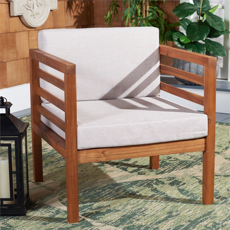 Safavieh Kinnell Wood Outdoor Armchair in Natural / Light Gray