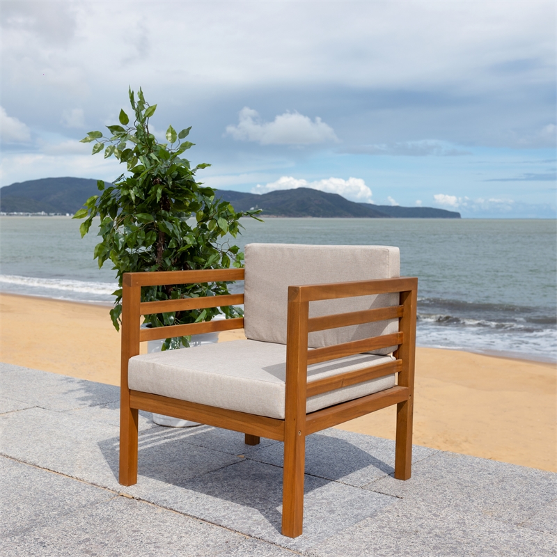 Safavieh Kinnell Wood Outdoor Armchair in Natural / Light Gray