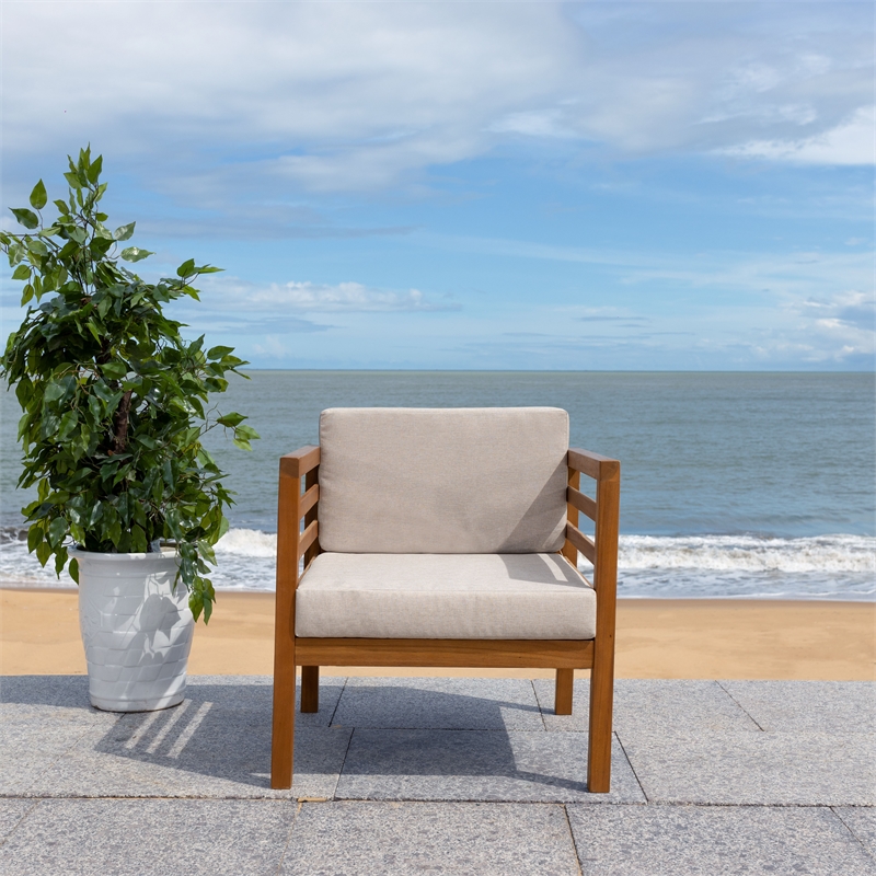 Safavieh Kinnell Wood Outdoor Armchair in Natural / Light Gray