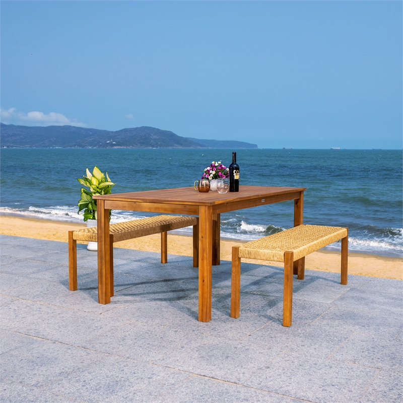 Safavieh Aquina Wood and Fabric Dining Set in Natural / Natural