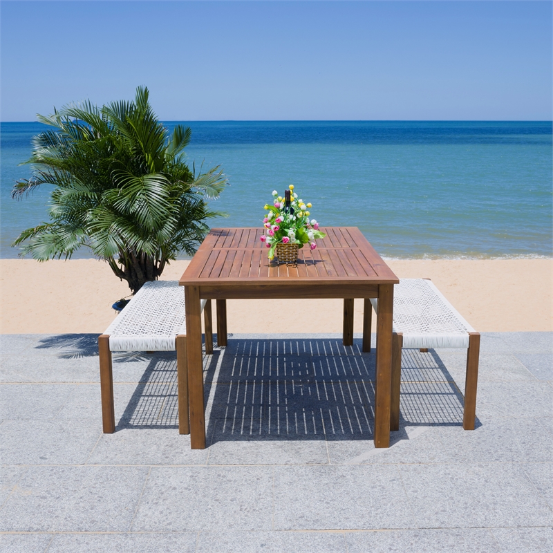 Safavieh Aquina Wood and Fabric Dining Set in Natural / White