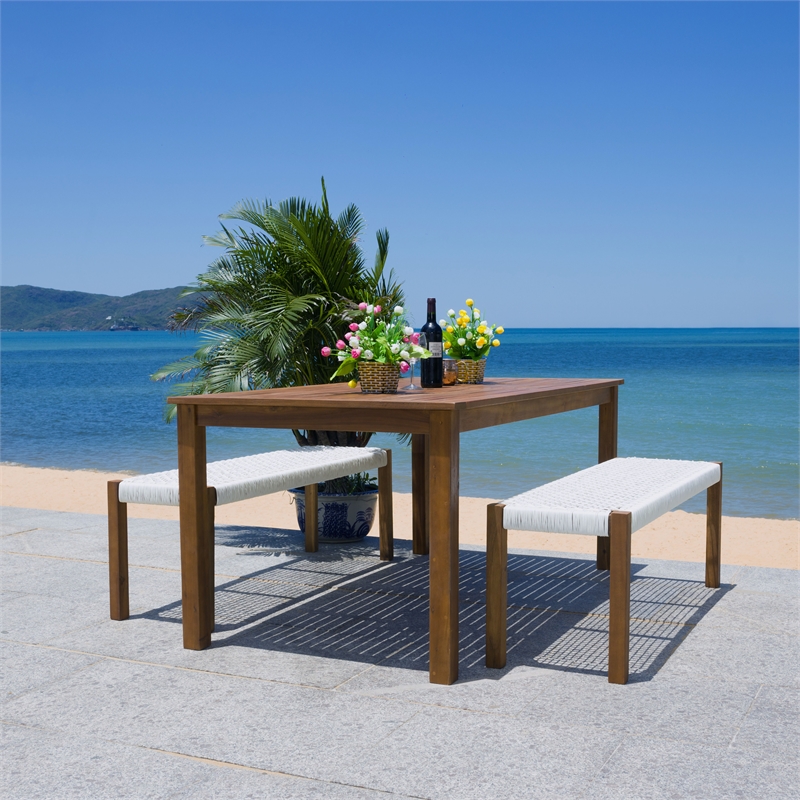 Safavieh Aquina Wood and Fabric Dining Set in Natural / White