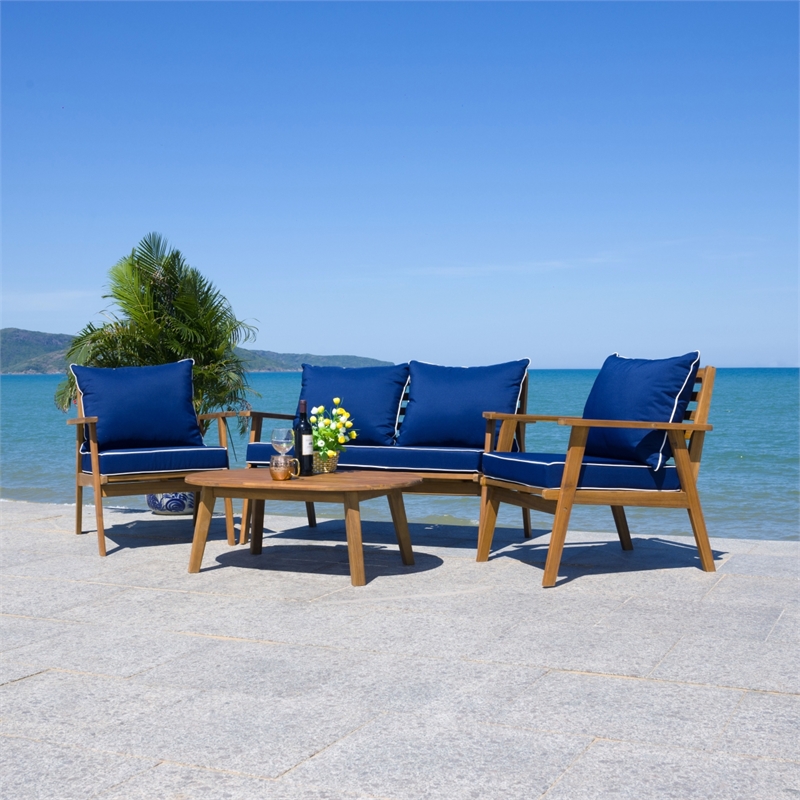Safavieh Deacon 4 Pc Wood Living Set in Natural / Navy